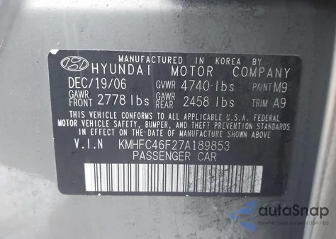 2007 Hyundai Azera Limited/Se z USA, uszkodzony, nr VIN KMHFC46F27A189853